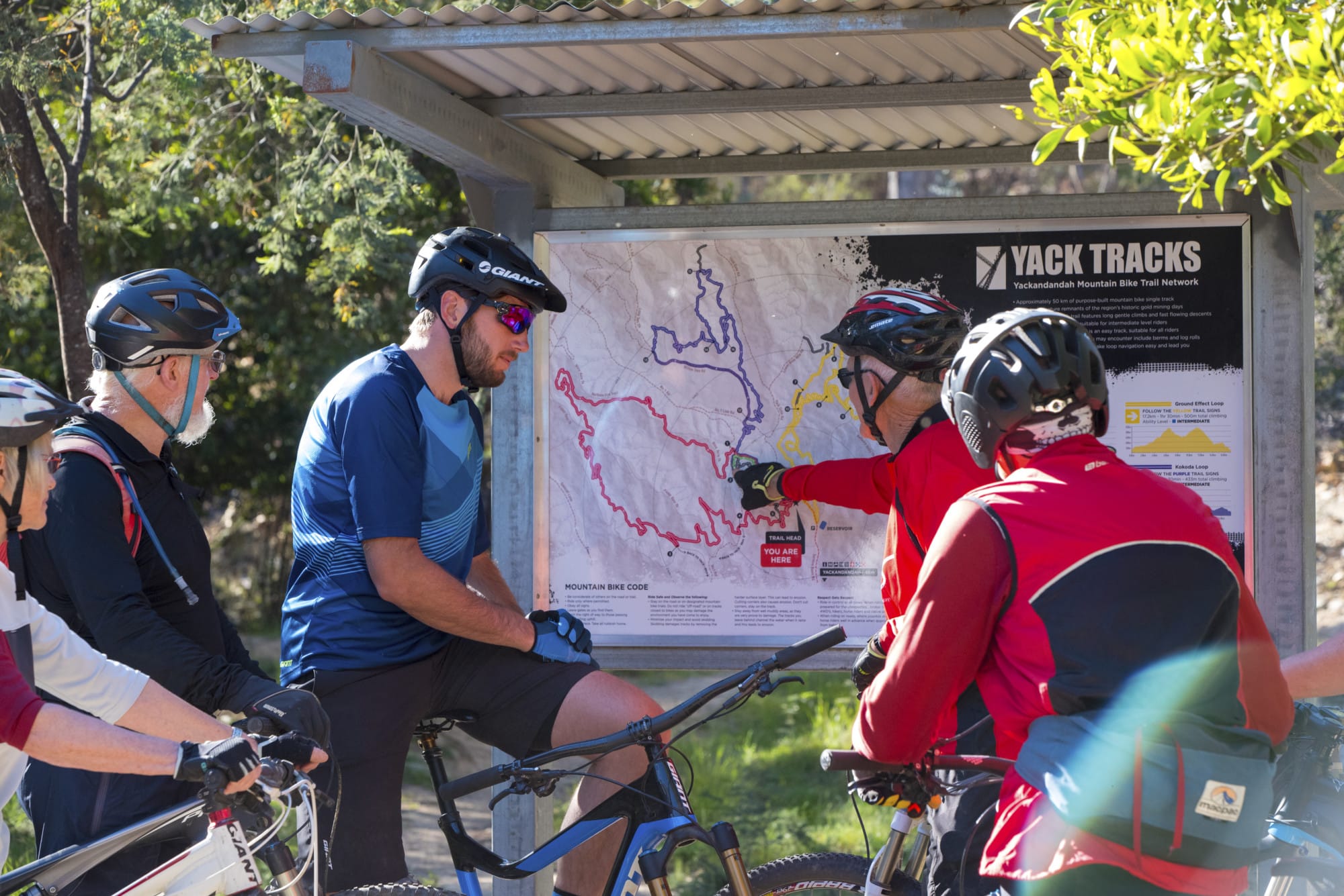 Cyclists reading the Yackandandah MTB Park trailhead signs