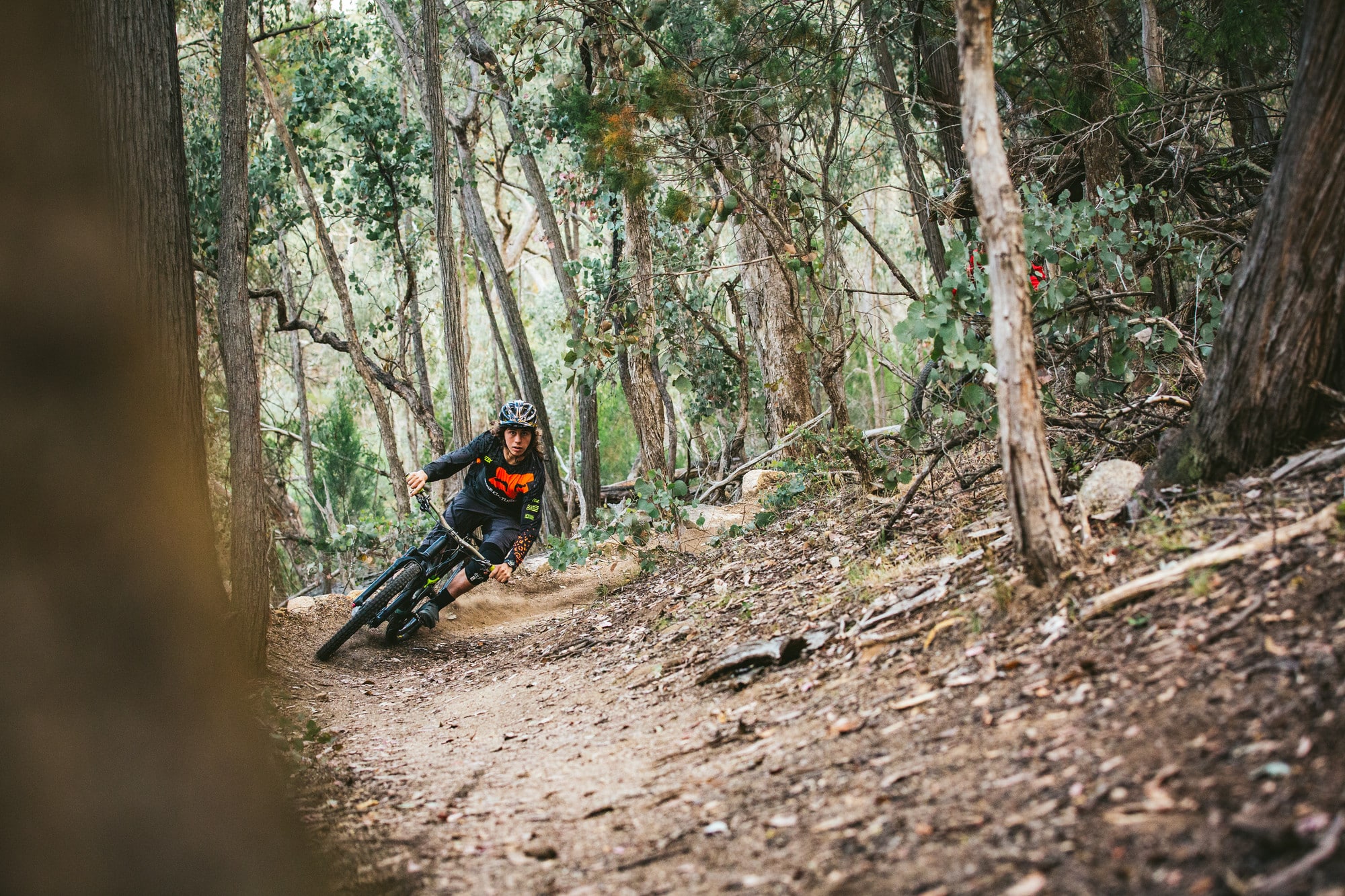 Cyclist riding Beechworth's Mountain Bike Park's berms