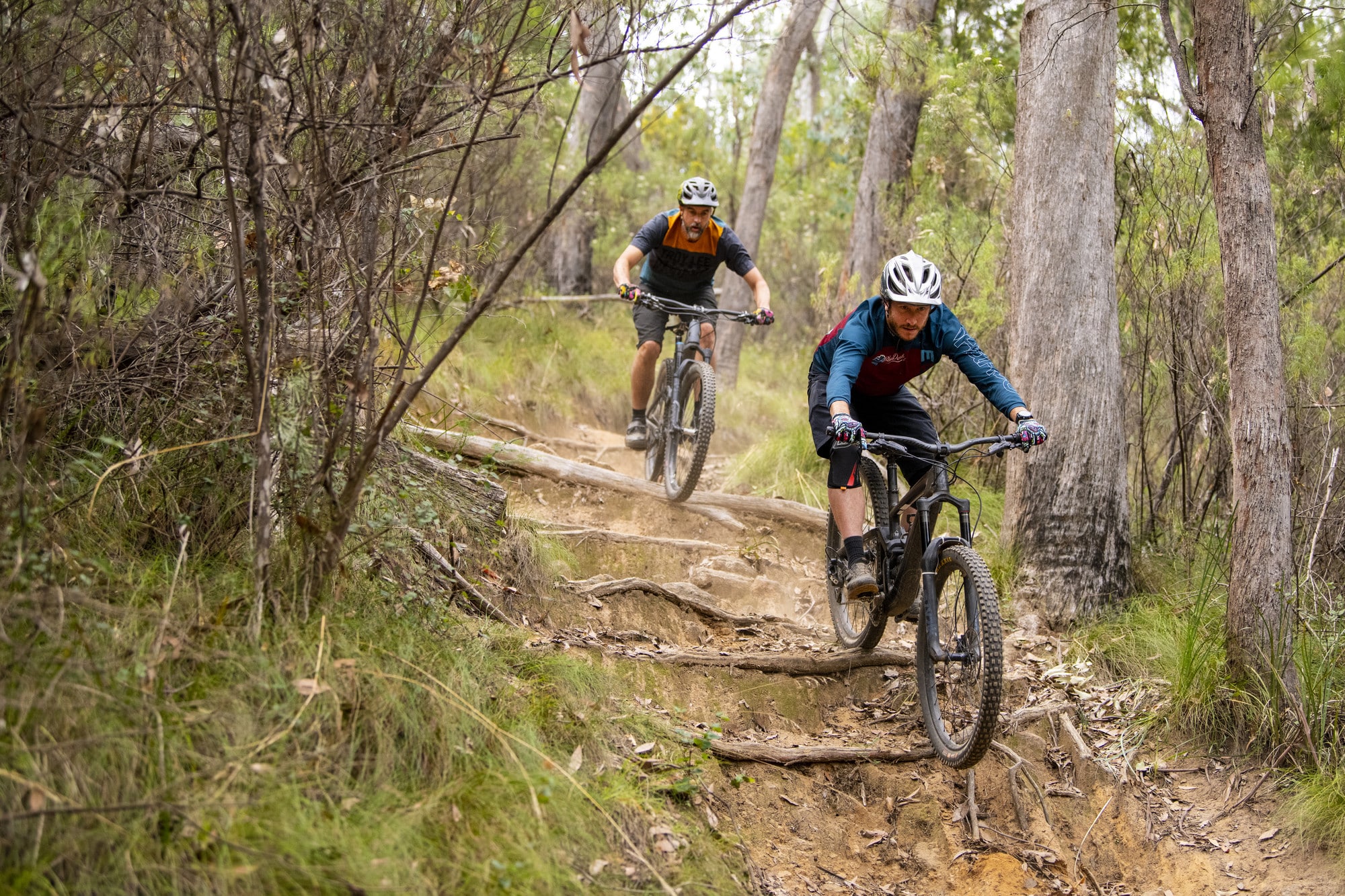 Two cyclists riding Big Hill Mountain Bike Park old school tech trails in Mount Beauty