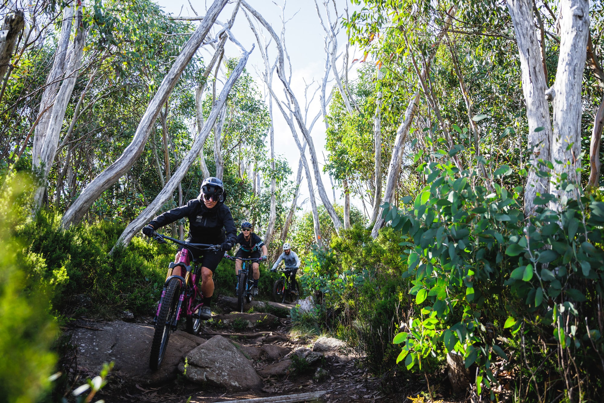 Three riders taking on rocks and roots on the Cascades Trail