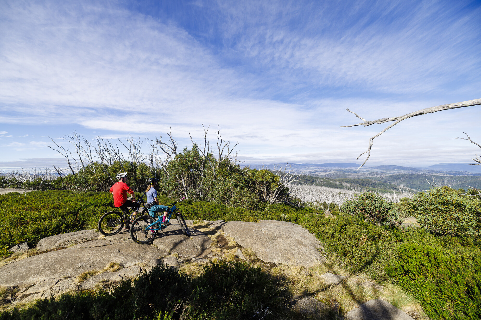 Two cyclists enjoying the view at Lake Mountain Bike Park