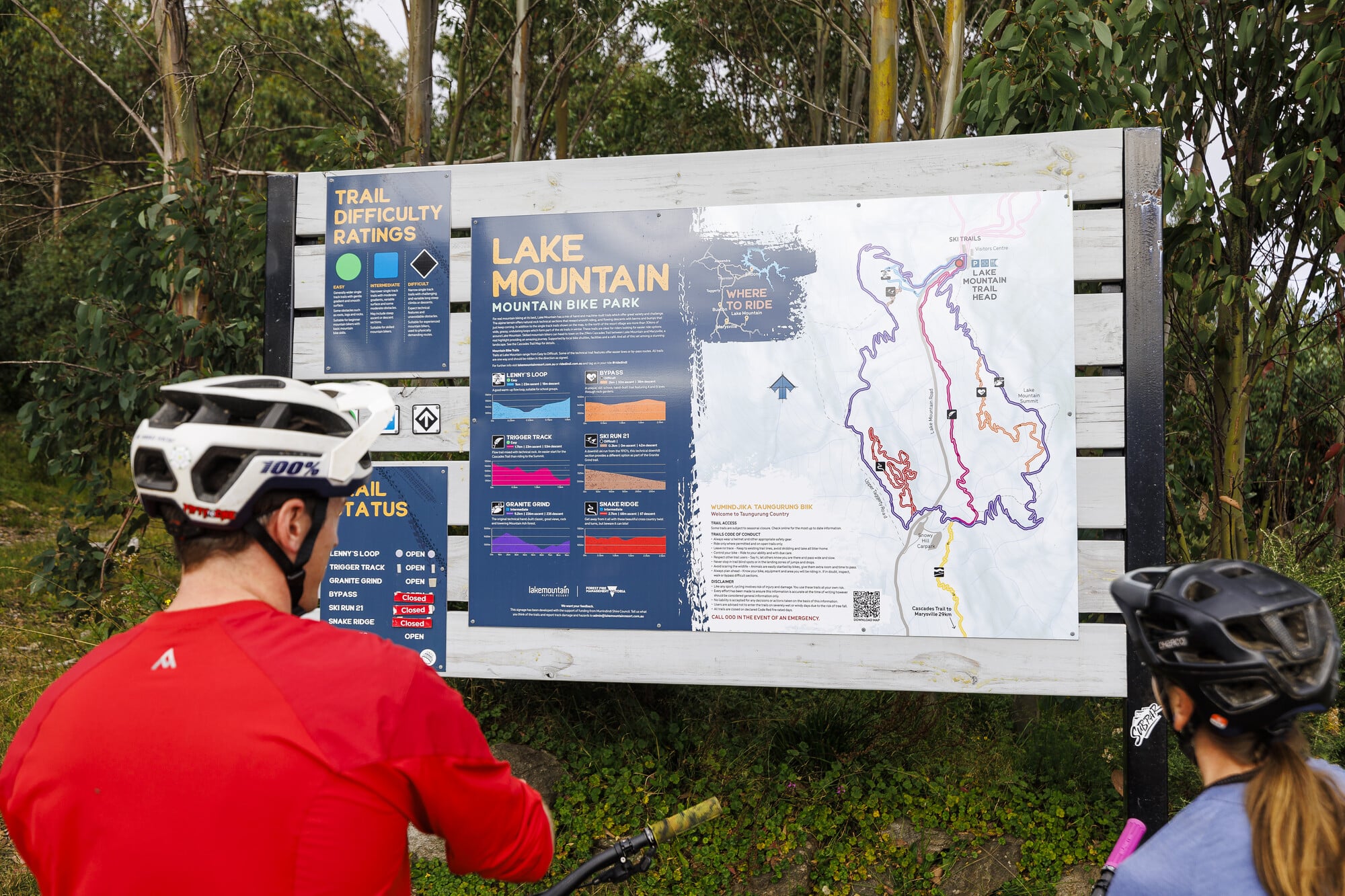 Two cyclists looking at the Lake Mountain Bike Park trailhead map