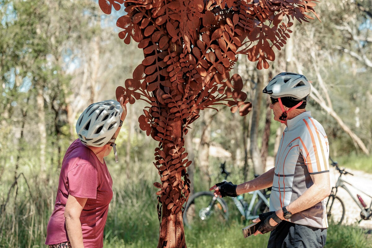 Two mature aged cyclists stop to look at a large metal sculpture