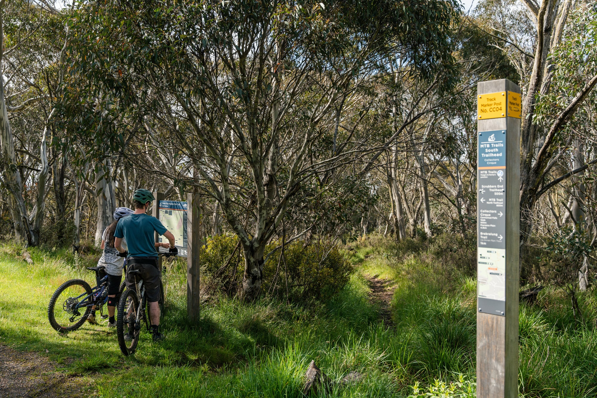 Two cyclists looking at the Dinner Plain MTB Park trailhead map